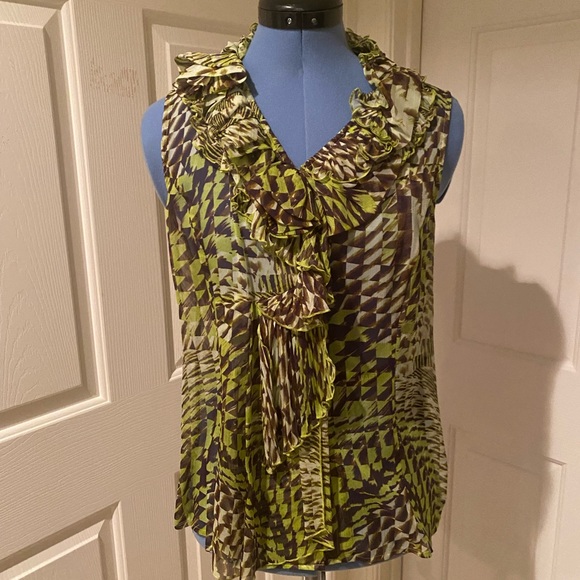 Doncaster Tops - Doncaster ruffled green and brown sleeveless blouse, 100% silk, size 6